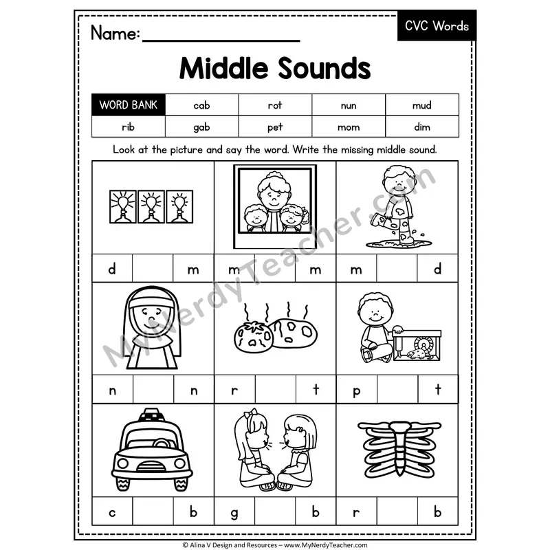 CVC Middle Sounds Mixed Vowels Worksheet — Write the Medial Vowel 6