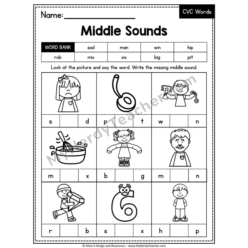 CVC Middle Sounds Mixed Vowels Worksheet — Write the Medial Vowel 3
