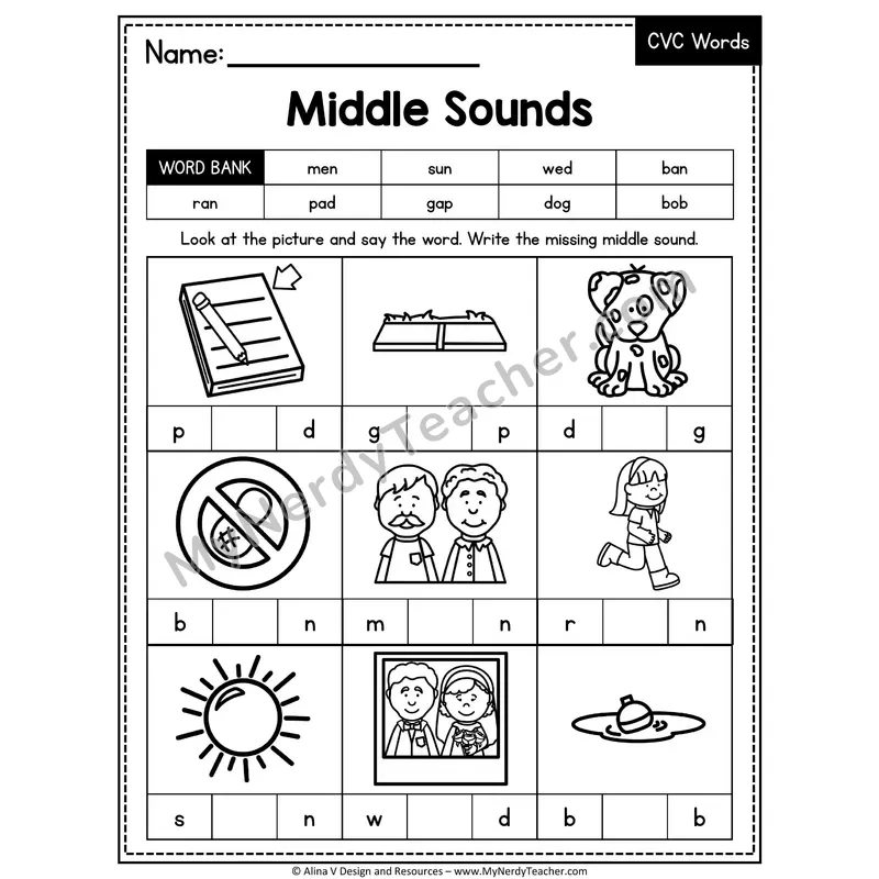 CVC Middle Sounds Mixed Vowels Worksheet — Write the Medial Vowel 1