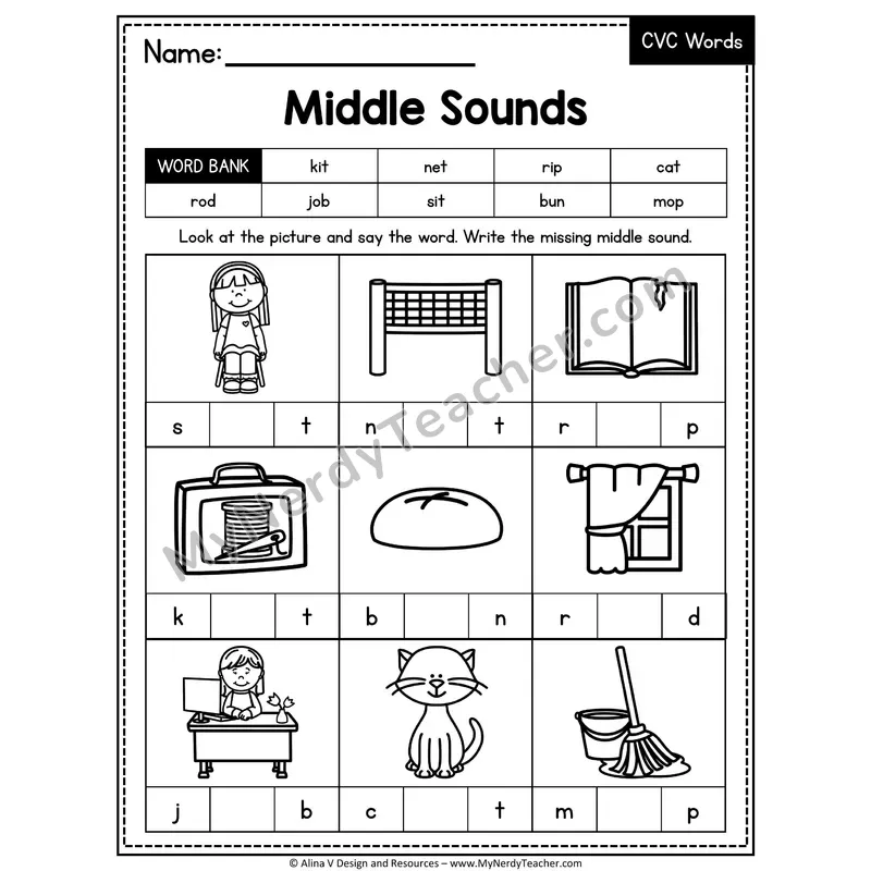 CVC Middle Sounds Mixed Vowels Worksheet — Write the Medial Vowel 2