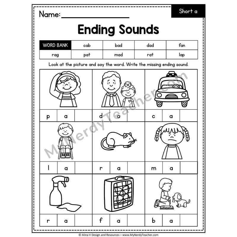 CVC Ending Sounds Mixed Vowels Worksheet — Write the Final Sound 3