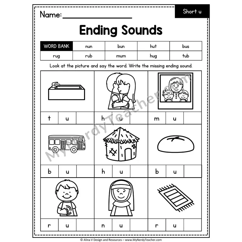 CVC Ending Sounds Worksheet — Short U Final Letter 3 of 4