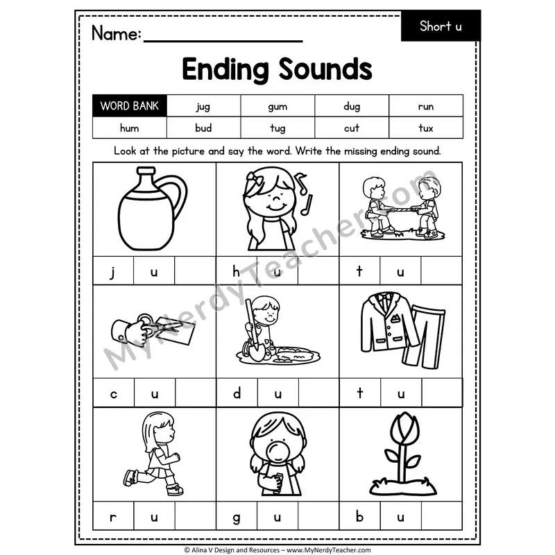 CVC Ending Sounds Worksheet — Short U Final Letter 2 of 4