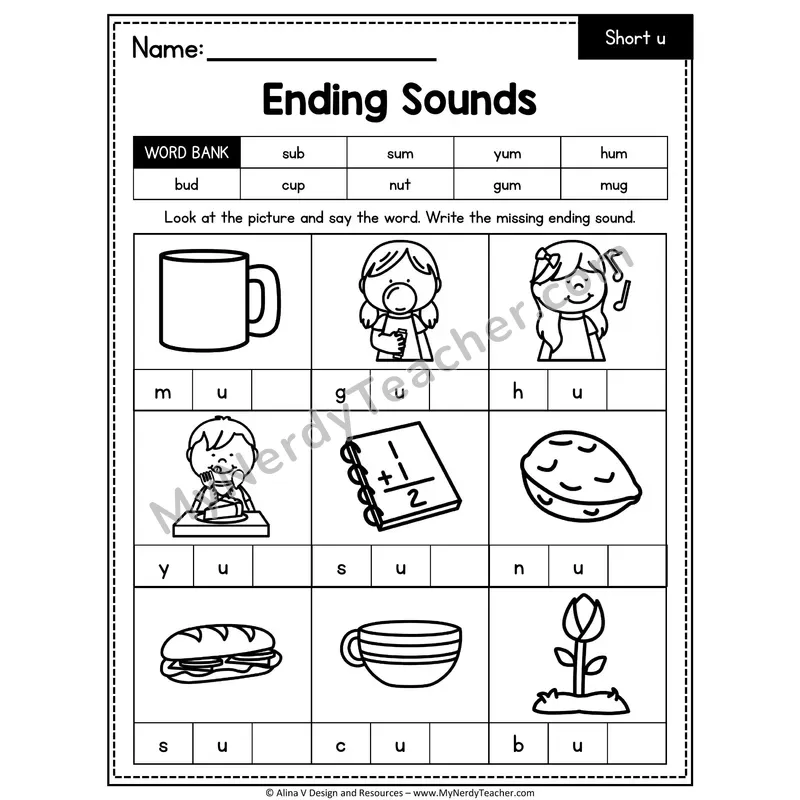 CVC Ending Sounds Worksheet — Short U Final Letter 4 of 4