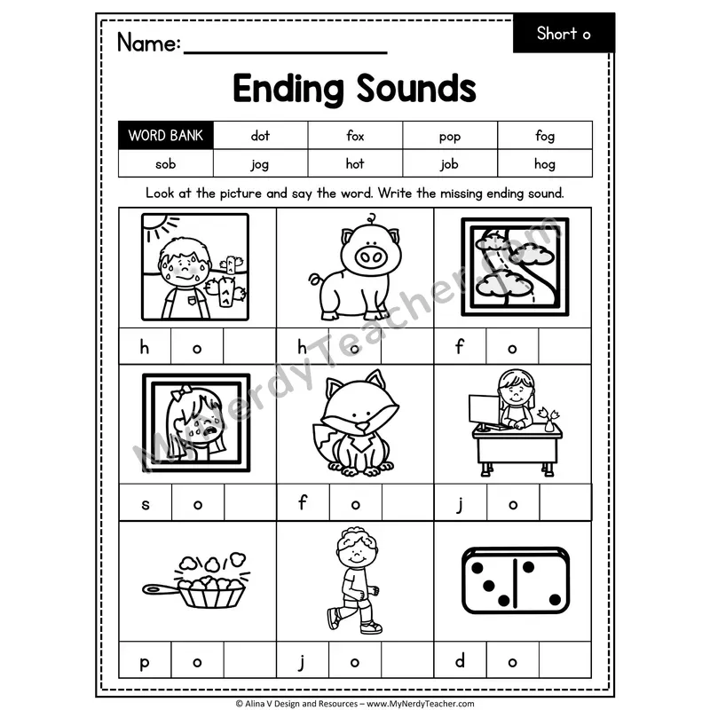 CVC Ending Sounds Worksheet — Short O Final Letter 2 of 3