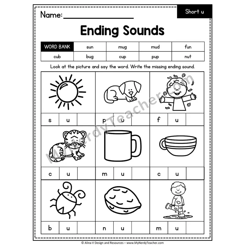 CVC Ending Sounds Worksheet — Short U Final Letter 1 of 4