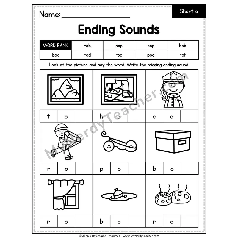 CVC Ending Sounds Worksheet — Short O Final Letter 1 of 3
