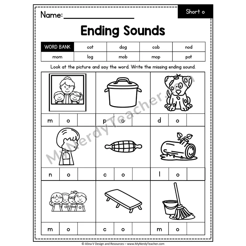 CVC Ending Sounds Worksheet — Short O Final Letter 3 of 3