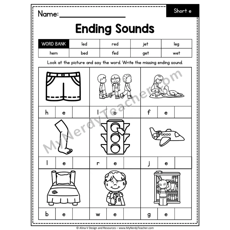CVC Ending Sounds Worksheet — Short E Final Letter 3 of 3