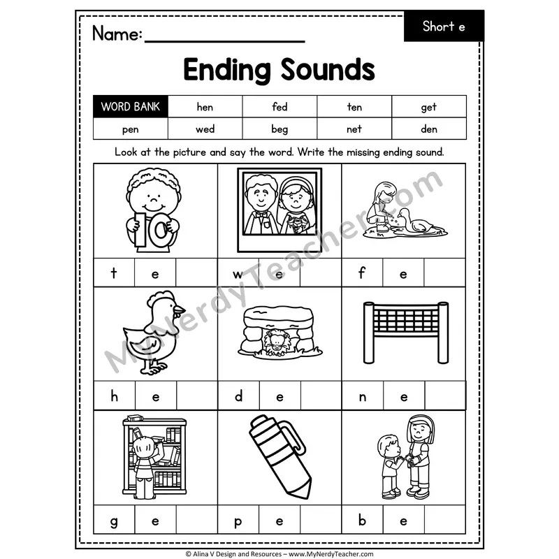 CVC Ending Sounds Worksheet — Short E Final Letter 2 of 3