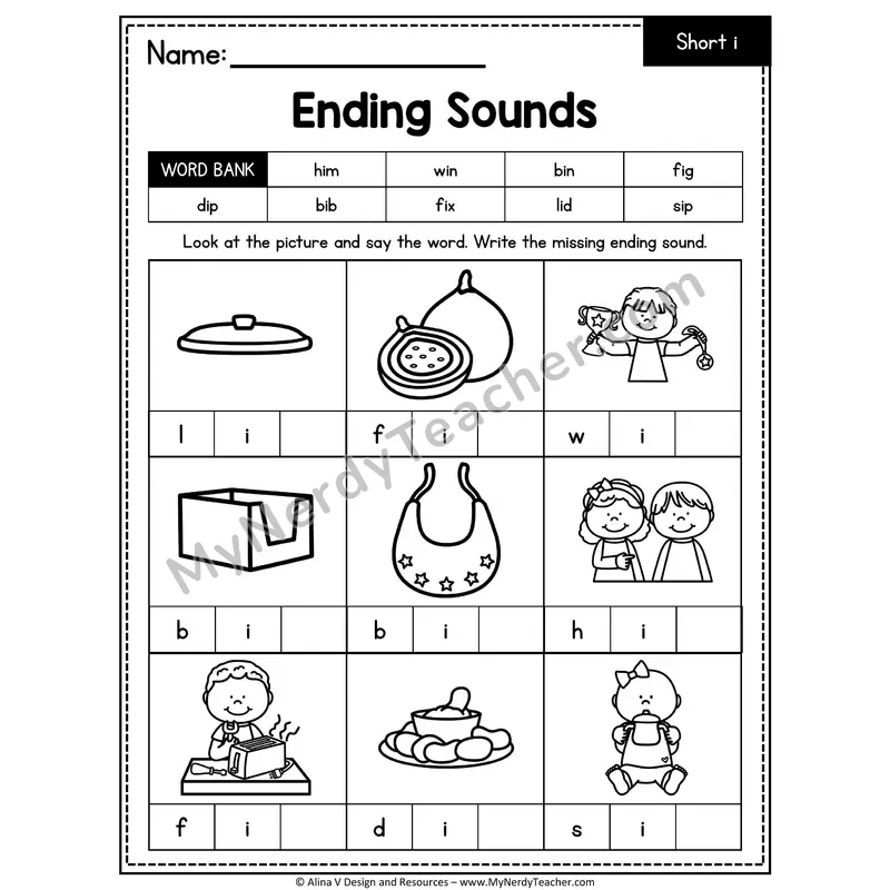 CVC Ending Sounds Worksheet — Short I Final Letter 1 of 4