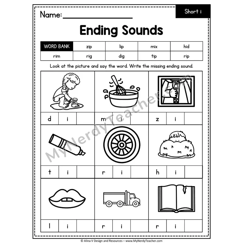 CVC Ending Sounds Worksheet — Short I Final Letter 2 of 4