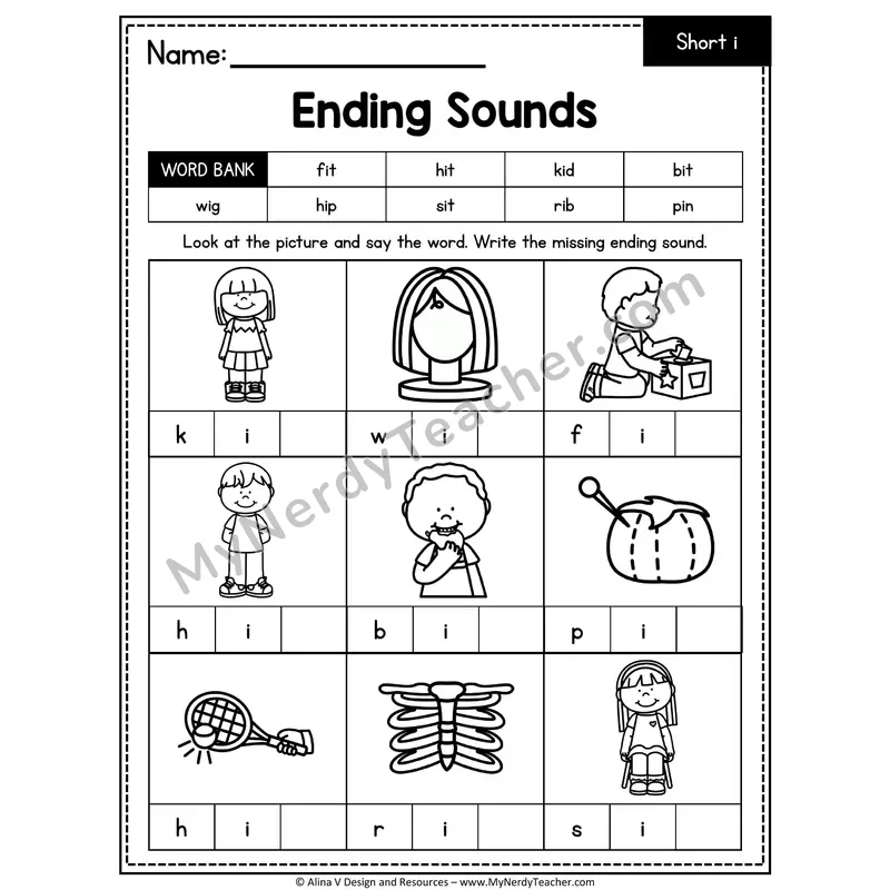 CVC Ending Sounds Worksheet — Short I Final Letter 4 of 4