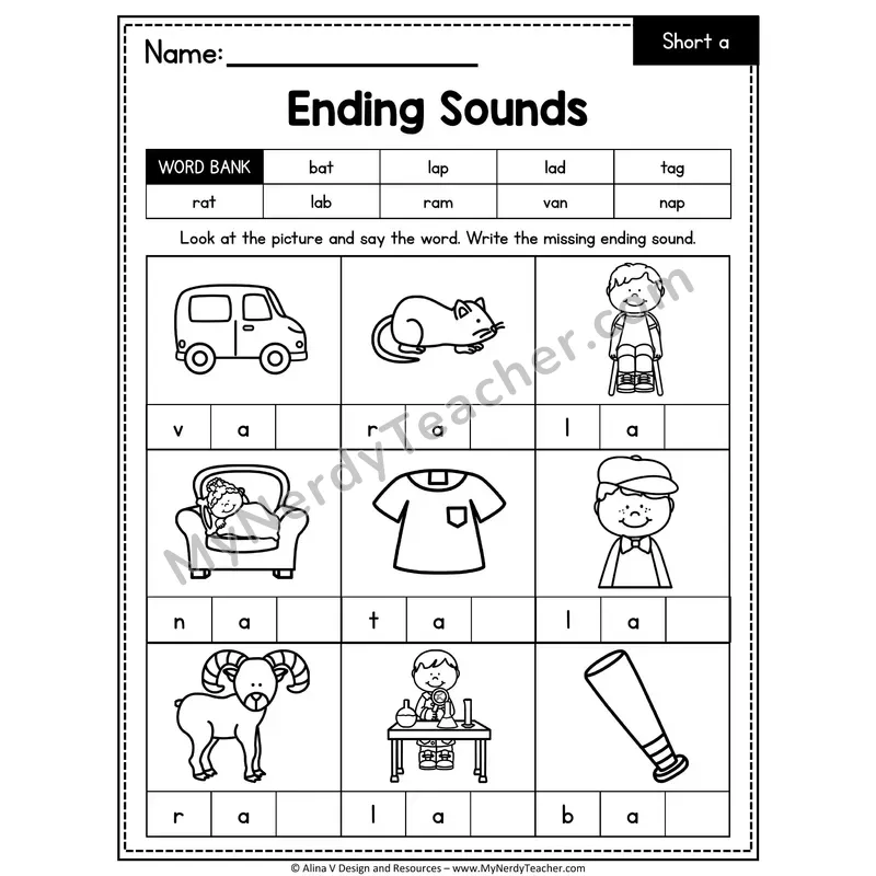 CVC Ending Sounds Worksheet — Short A Final Letter 3 of 5