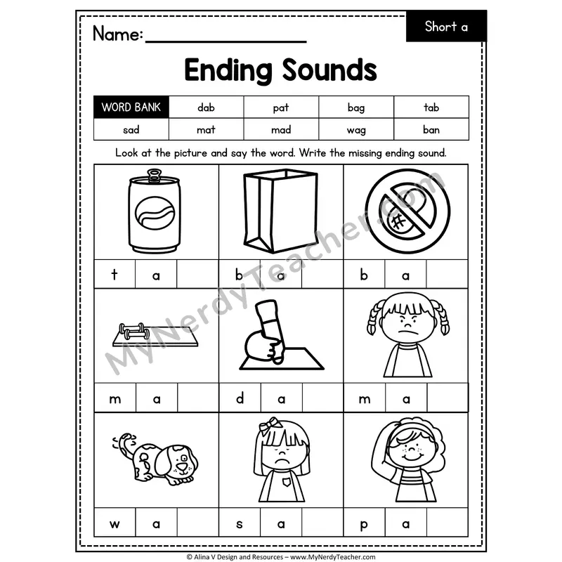 CVC Ending Sounds Worksheet — Short A Final Letter 2 of 5