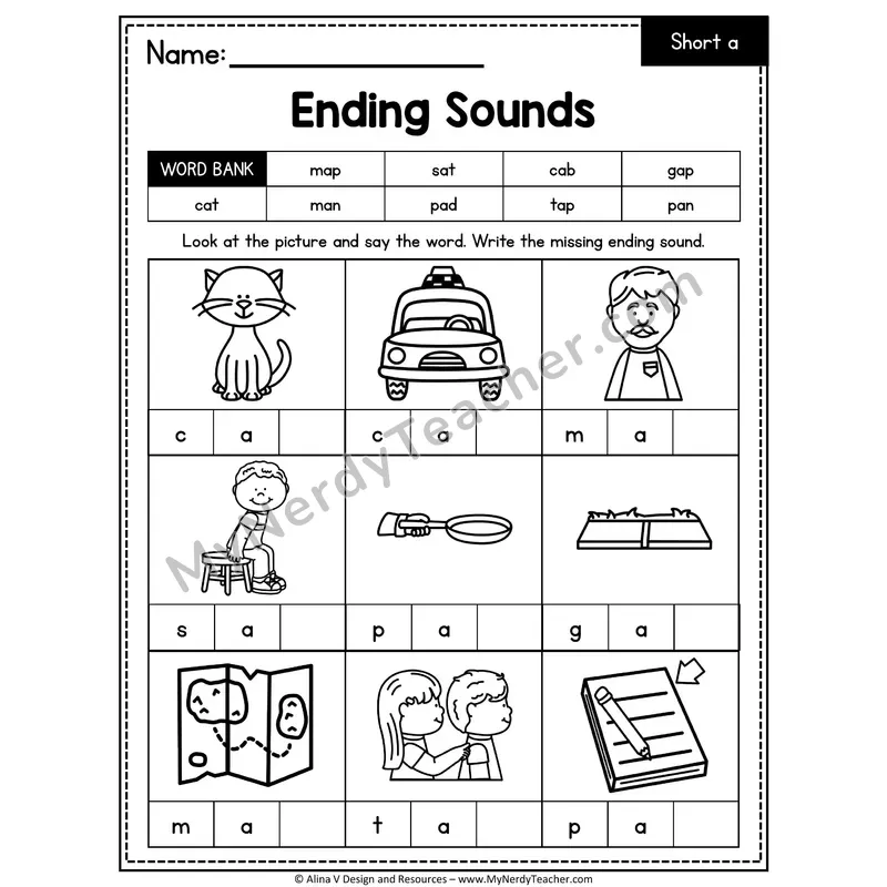 CVC Ending Sounds Worksheet — Short A Final Letter 4 of 5
