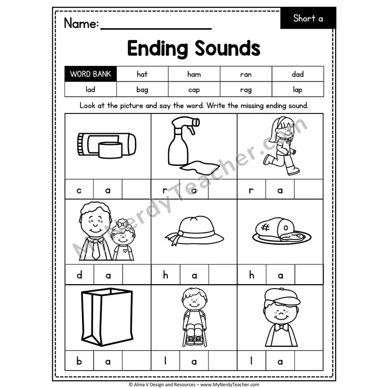 CVC Ending Sounds Worksheet — Short A Final Letter 5 of 5