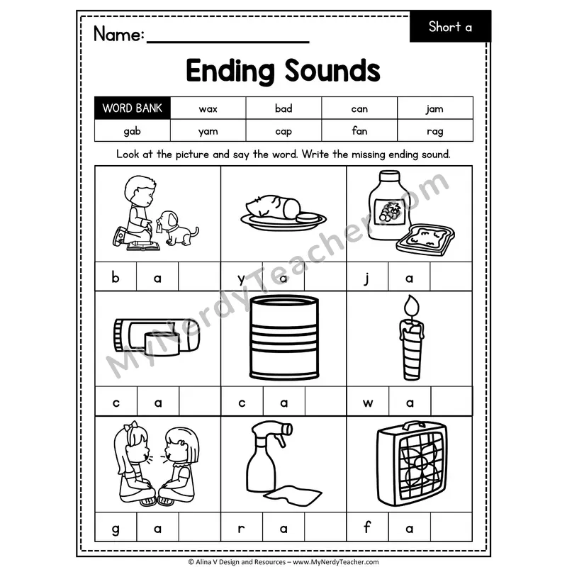 CVC Ending Sounds Worksheet — Short A Final Letter 1 of 5