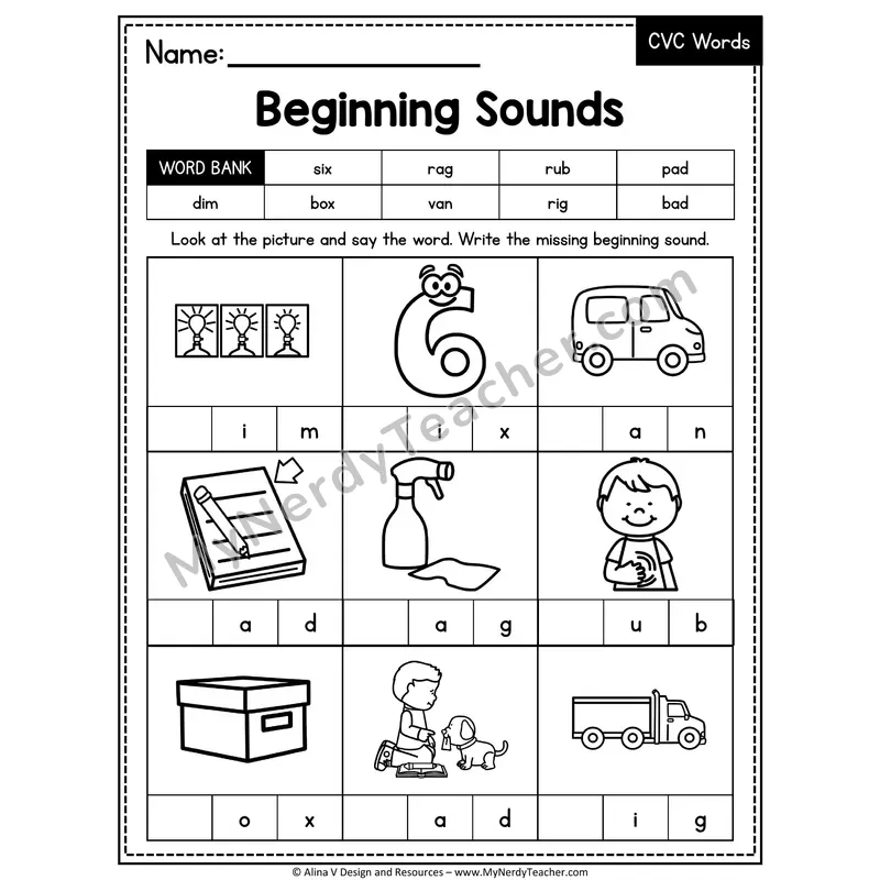 CVC Beginning Sounds Mixed Vowels Worksheet — Write the Initial Sound 14