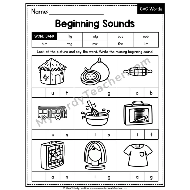 CVC Beginning Sounds Mixed Vowels Worksheet — Write the Initial Sound 17