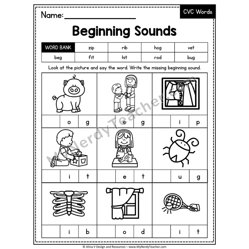 CVC Beginning Sounds Mixed Vowels Worksheet — Write the Initial Sound 15