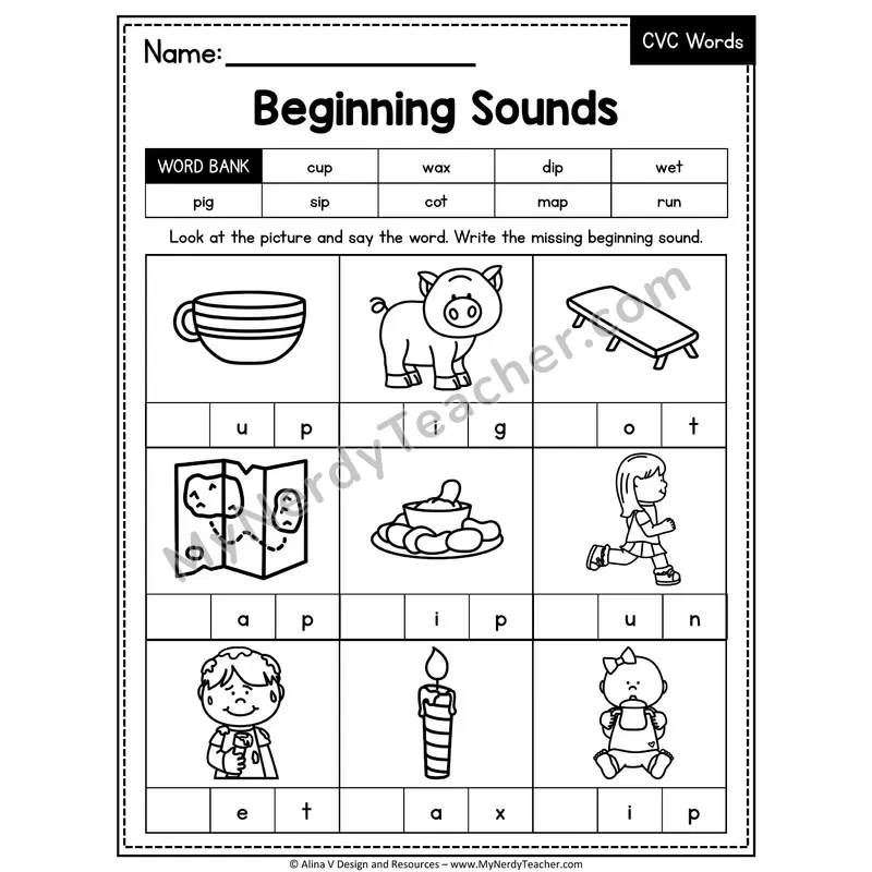 CVC Beginning Sounds Mixed Vowels Worksheet — Write the Initial Sound 16