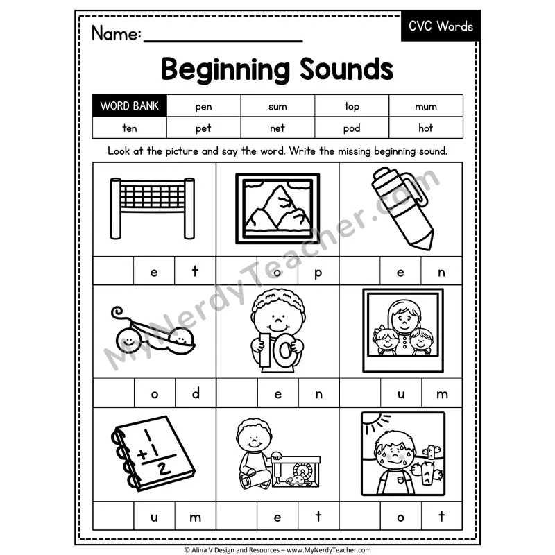 CVC Beginning Sounds Mixed Vowels Worksheet — Write the Initial Sound 11