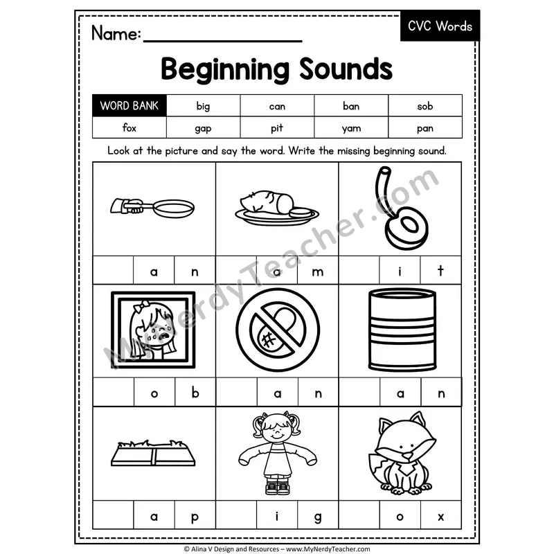 CVC Beginning Sounds Mixed Vowels Worksheet — Write the Initial Sound 13