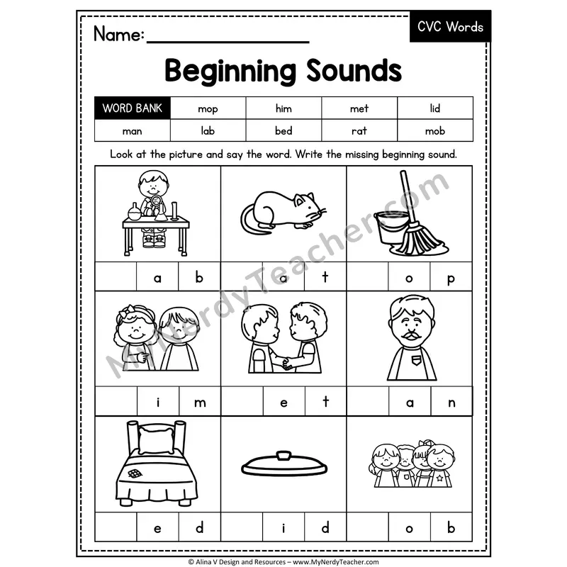 CVC Beginning Sounds Mixed Vowels Worksheet — Write the Initial Sound 10