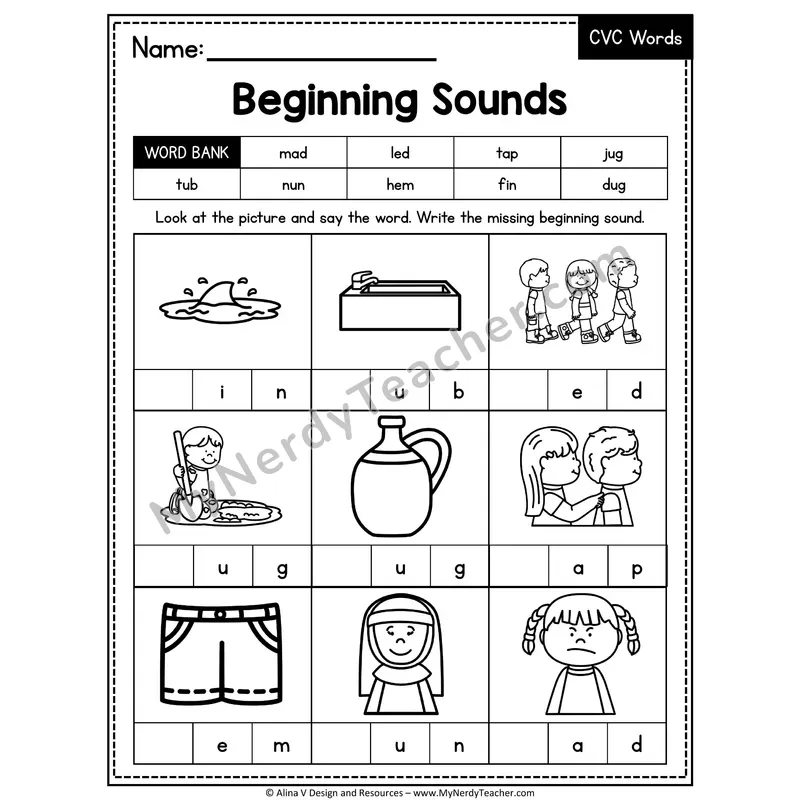 CVC Beginning Sounds Mixed Vowels Worksheet — Write the Initial Sound 9