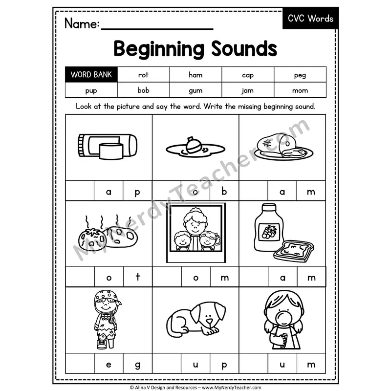 CVC Beginning Sounds Mixed Vowels Worksheet — Write the Initial Sound 8
