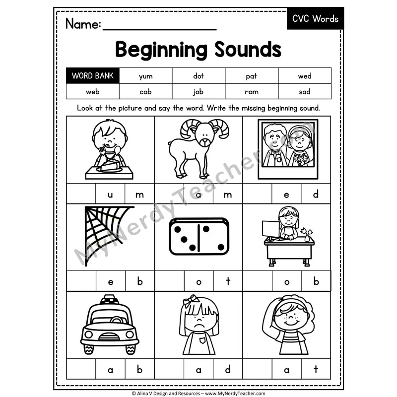CVC Beginning Sounds Mixed Vowels Worksheet — Write the Initial Sound 5