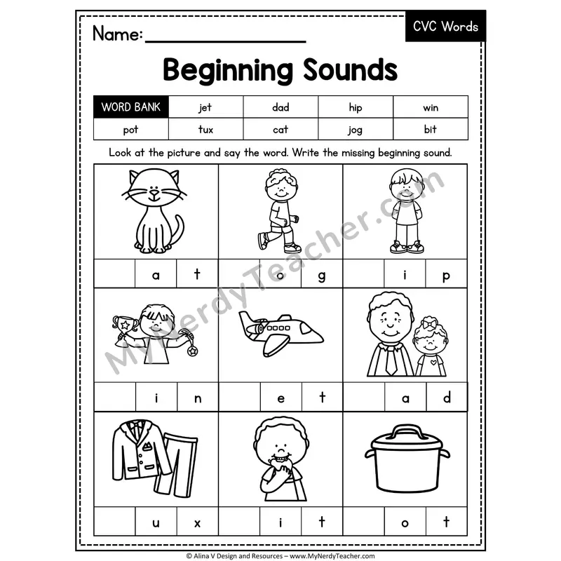 CVC Beginning Sounds Mixed Vowels Worksheet — Write the Initial Sound 7