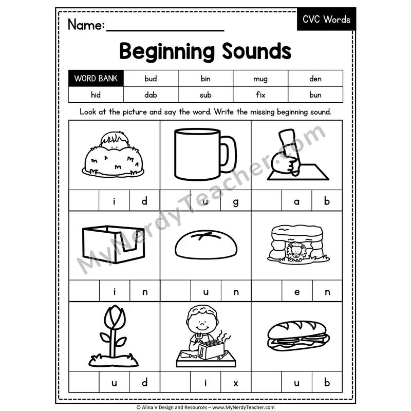 CVC Beginning Sounds Mixed Vowels Worksheet — Write the Initial Sound 6