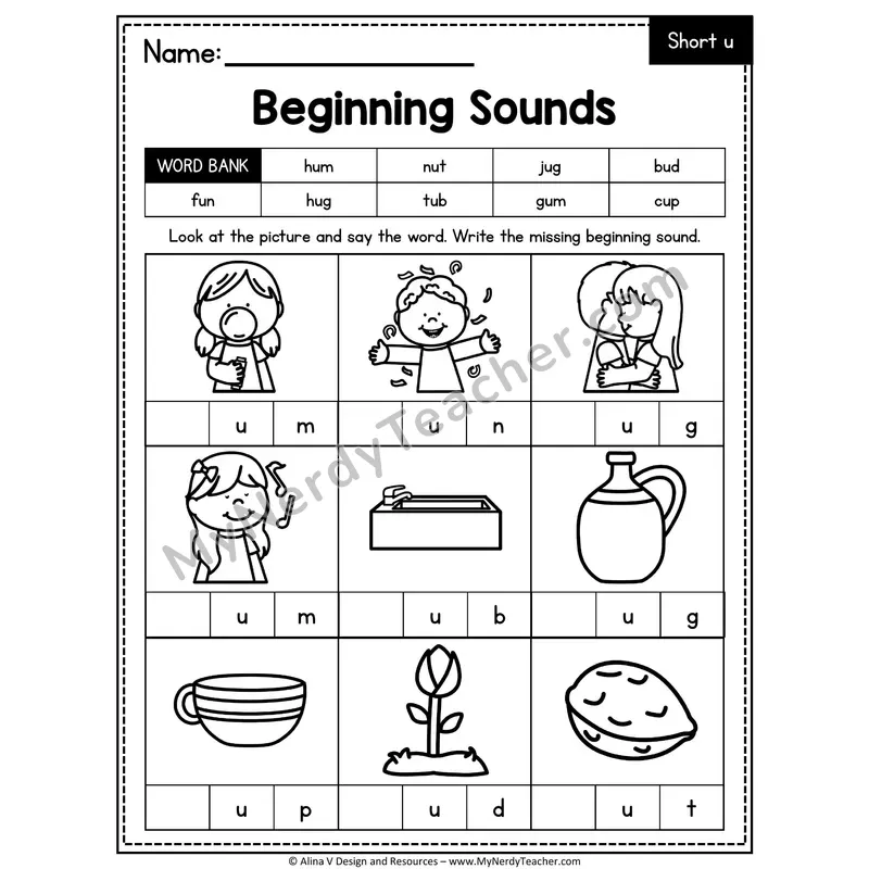 CVC Beginning Sounds Worksheet — Short U Initial Letter 3 of 4