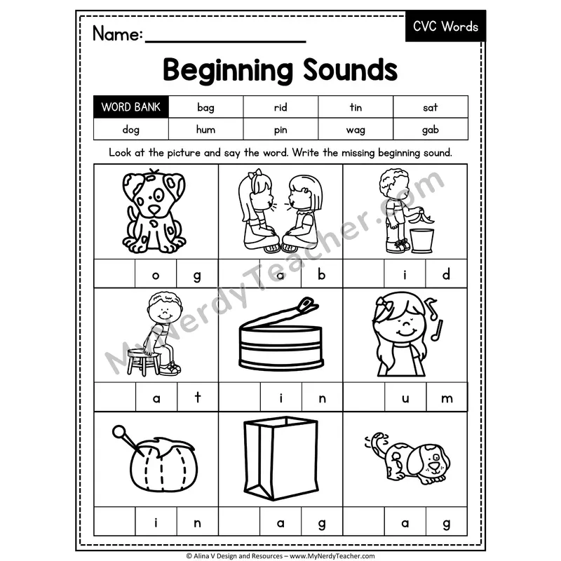 CVC Beginning Sounds Mixed Vowels Worksheet — Write the Initial Sound 3