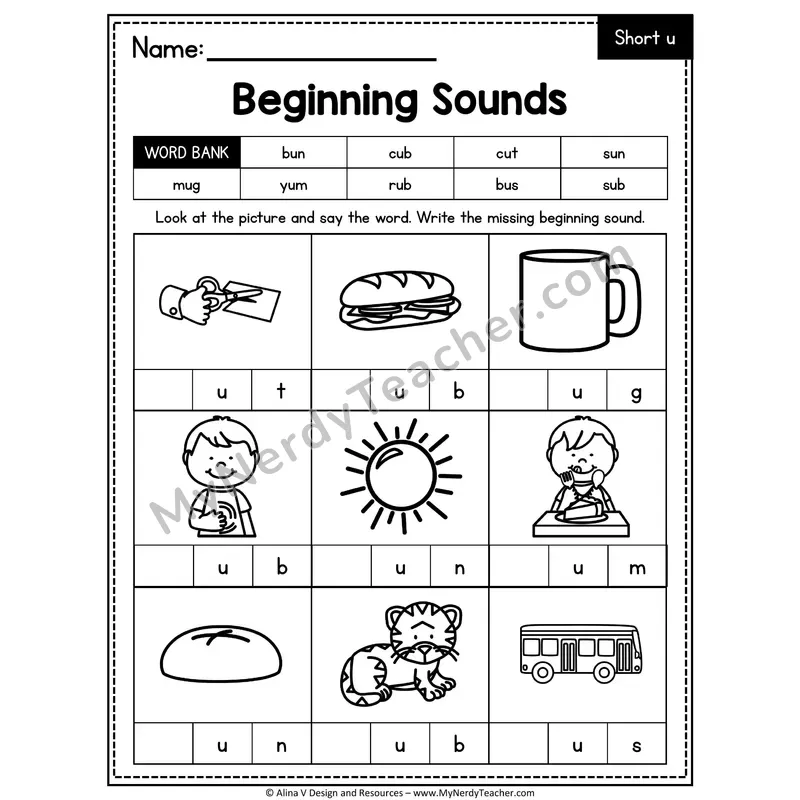 CVC Beginning Sounds Worksheet — Short U Initial Letter 2 of 4