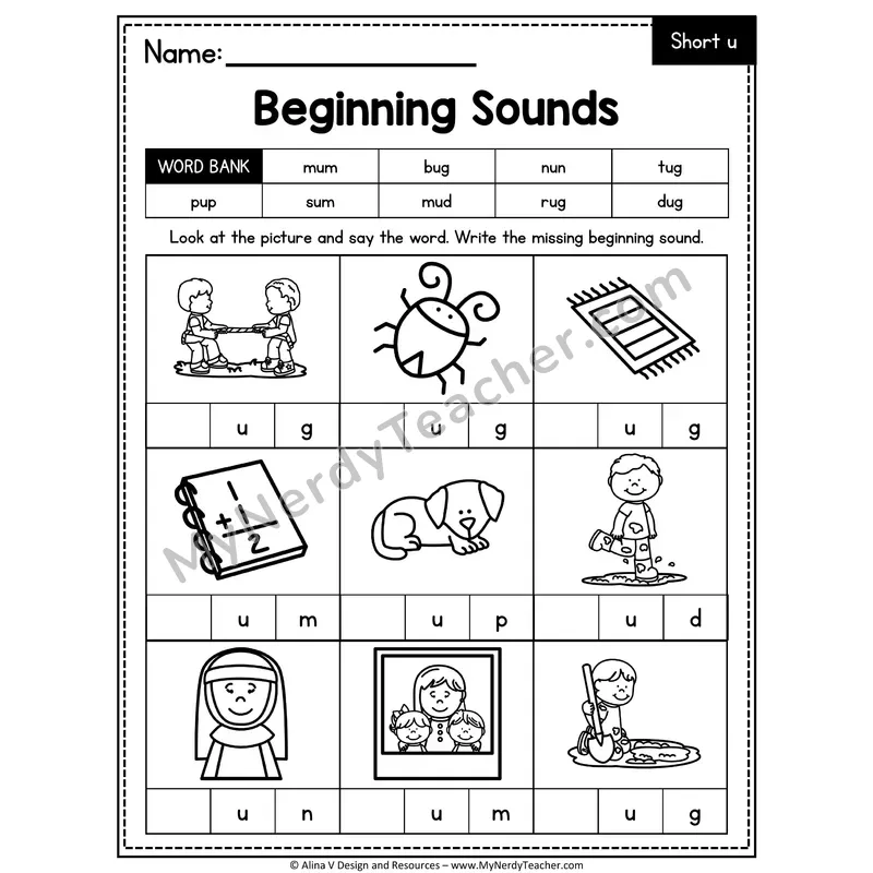 CVC Beginning Sounds Worksheet — Short U Initial Letter 1 of 4