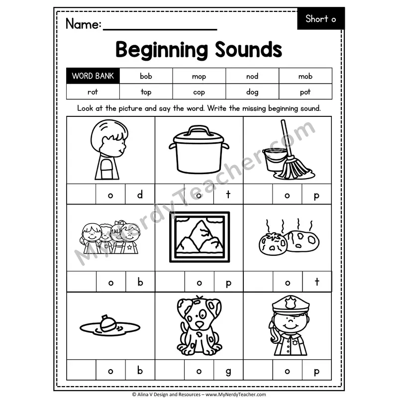 CVC Beginning Sounds Worksheet — Short O Initial Letter 1 of 3