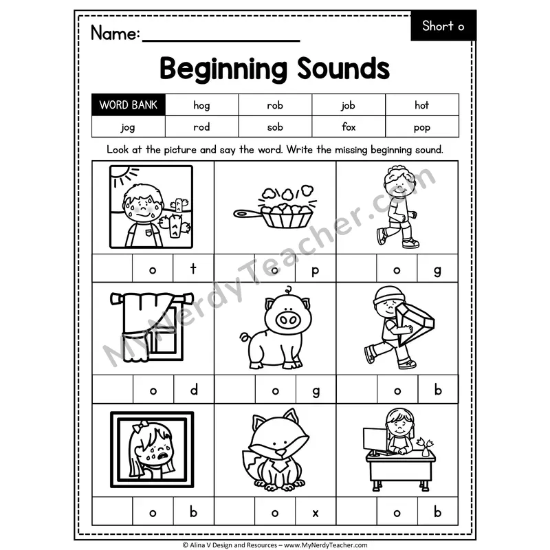CVC Beginning Sounds Worksheet — Short O Initial Letter 2 of 3