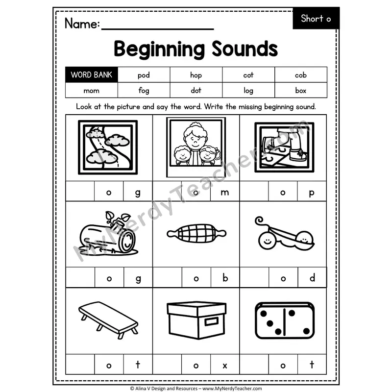 CVC Beginning Sounds Worksheet — Short O Initial Letter 3 of 3