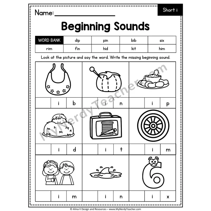 CVC Beginning Sounds Worksheet — Short I Initial Letter 4 of 4