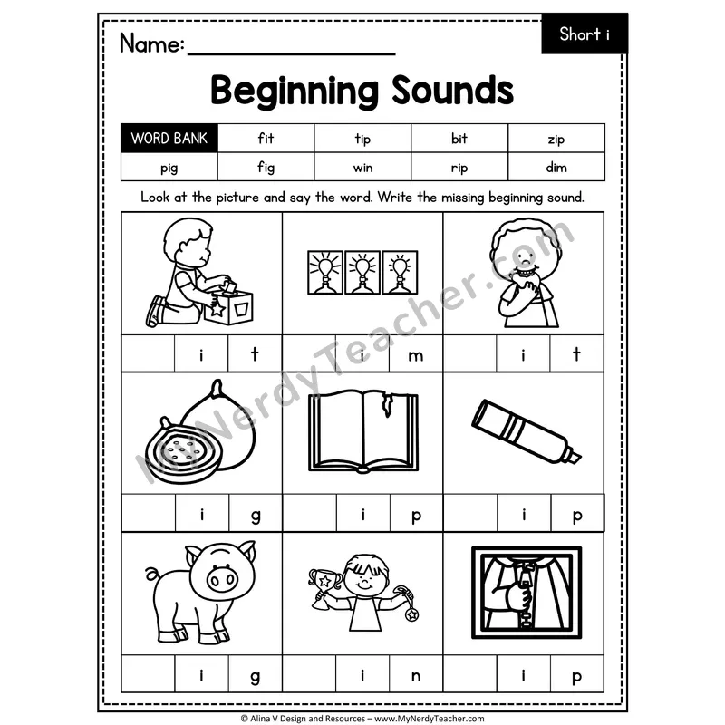 CVC Beginning Sounds Worksheet — Short I Initial Letter 2 of 4