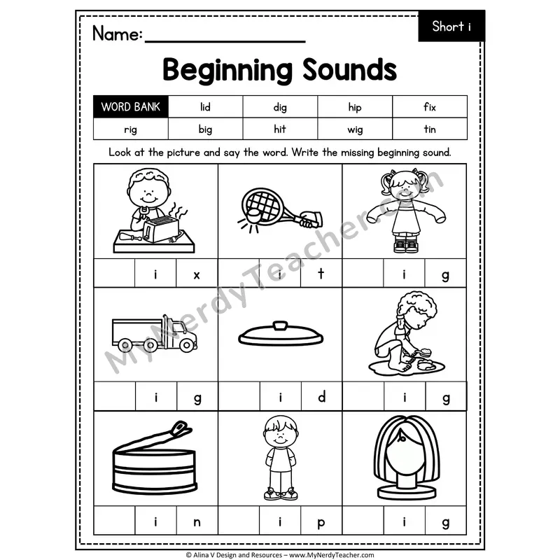 CVC Beginning Sounds Worksheet — Short I Initial Letter 1 of 4