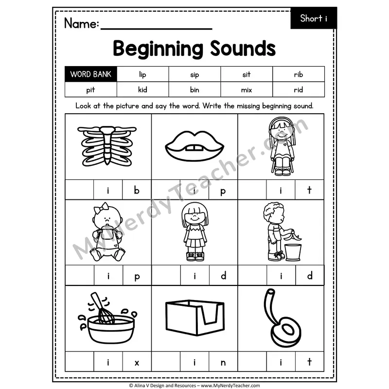 CVC Beginning Sounds Worksheet — Short I Initial Letter 3 of 4