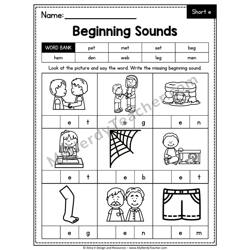 CVC Beginning Sounds Worksheet — Short E Initial Letter 2 of 3