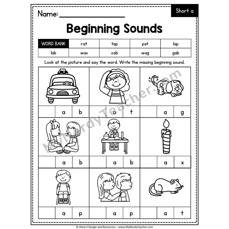 CVC Beginning Sounds Worksheet — Short A Initial Letter 5 of 5