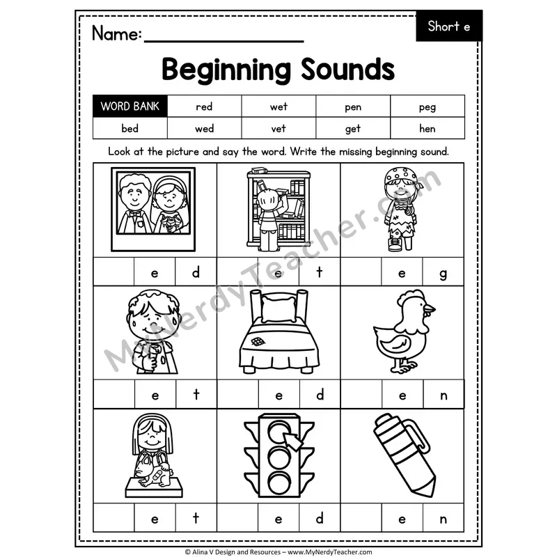 CVC Beginning Sounds Worksheet — Short E Initial Letter 1 of 3