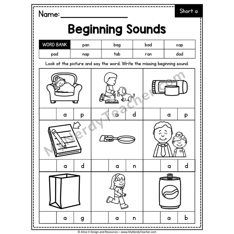 CVC Beginning Sounds Worksheet — Short A Initial Letter 4 of 5
