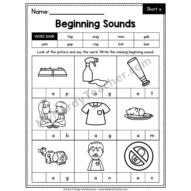 CVC Beginning Sounds Worksheet — Short A Initial Letter 3 of 5